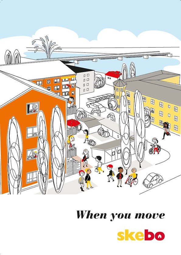 Illustrationsbild med hus och människor